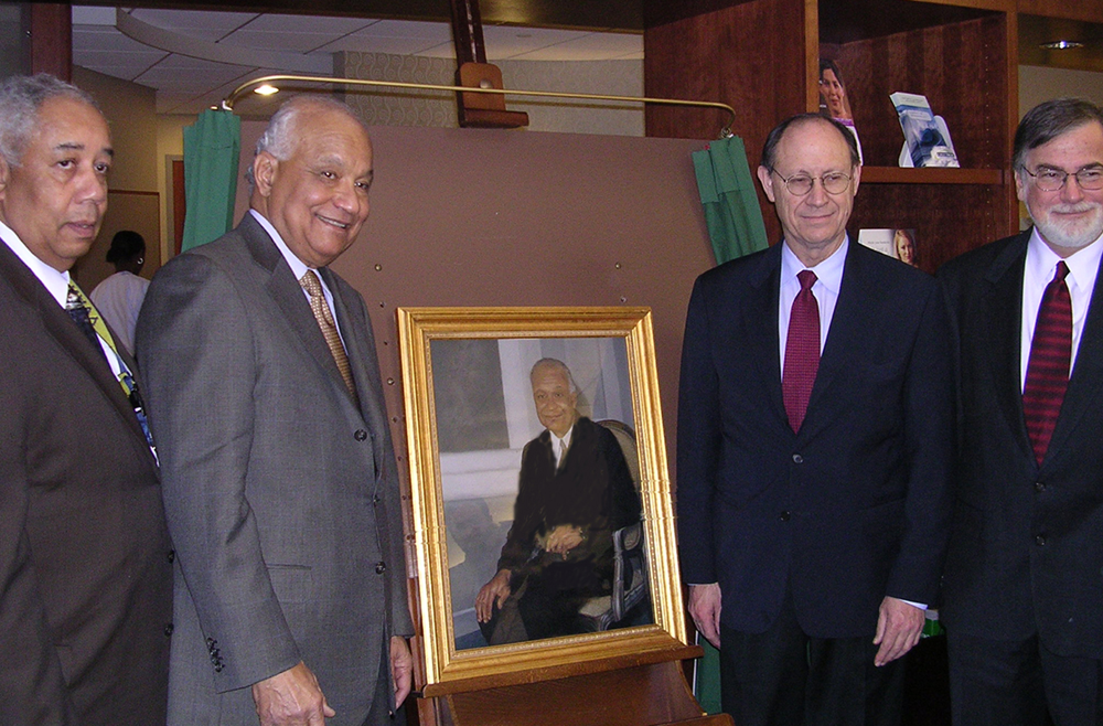 Bernett Johnson Jr., MD, Edward S. Cooper, MD, and Arthur Rubenstein, MBBCh wih a portrait of Cooper painted by Johnson